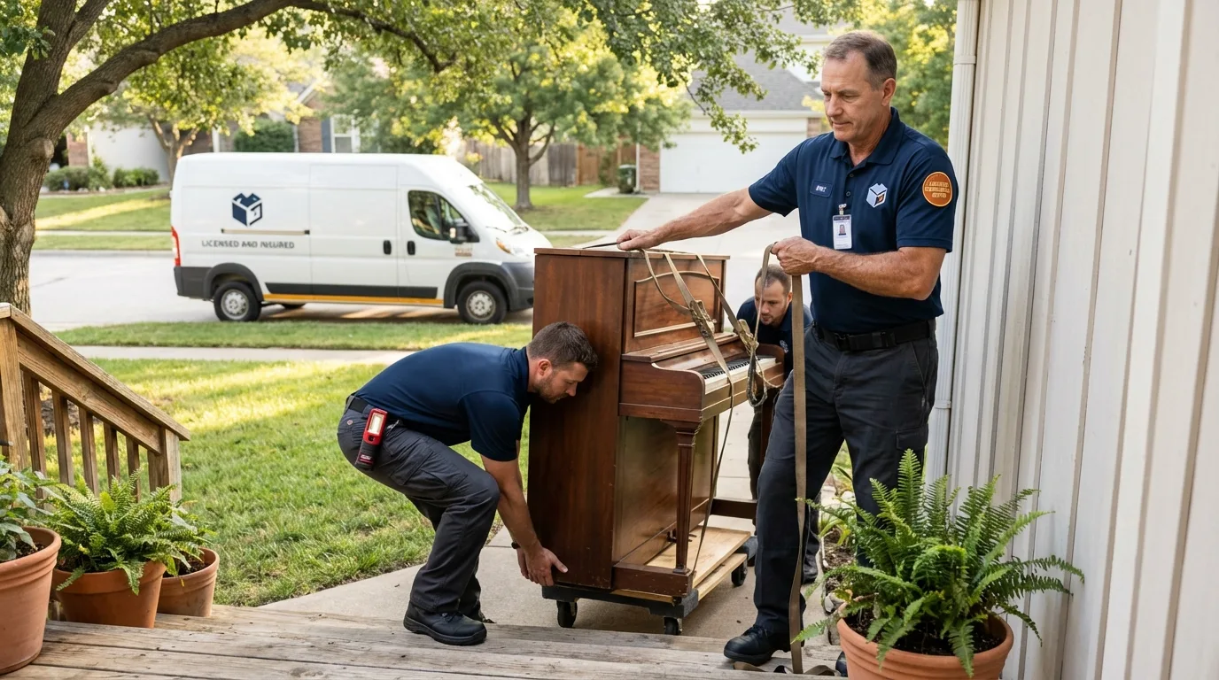 Licensed piano movers securing grand piano in Byesville, OH