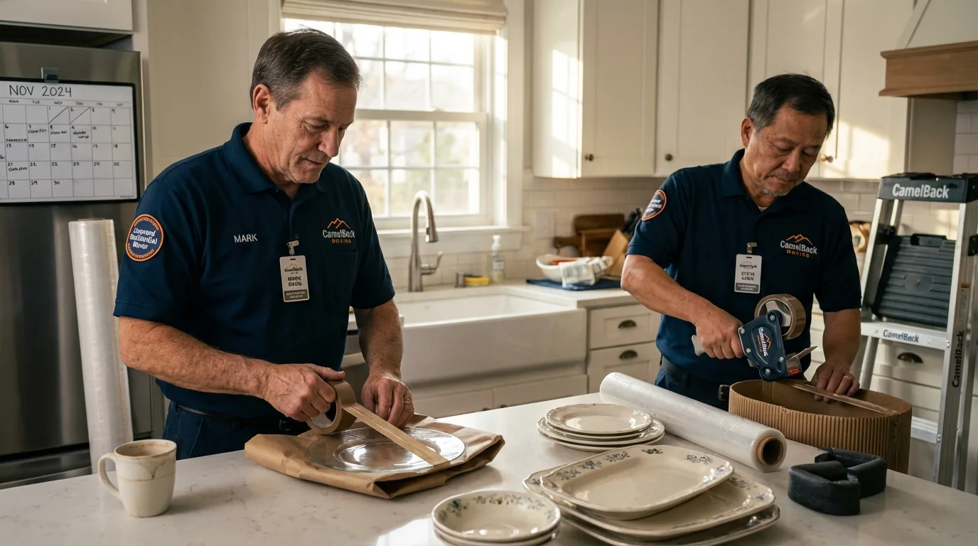Professional crew packing kitchen dishware in Byesville, OH